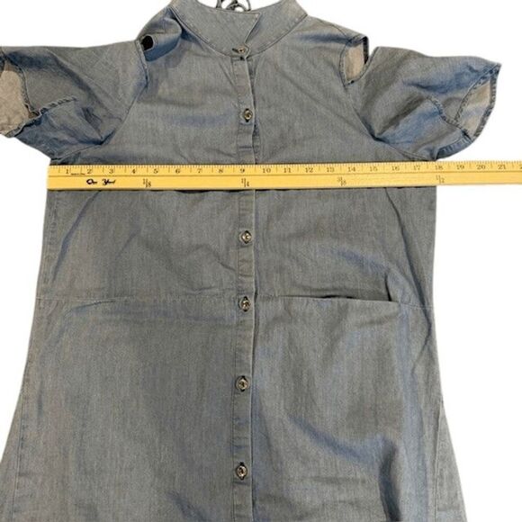 ZARA Chambray Blue Shirt Dress Collared Open Back Button Front Cold Shoulder XS - Picture 9 of 11